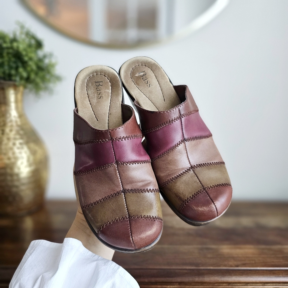 Bass Hannah Genuine Leather Patchwork Clogs Boho Y2K Mules 5.5M Made In Brazil